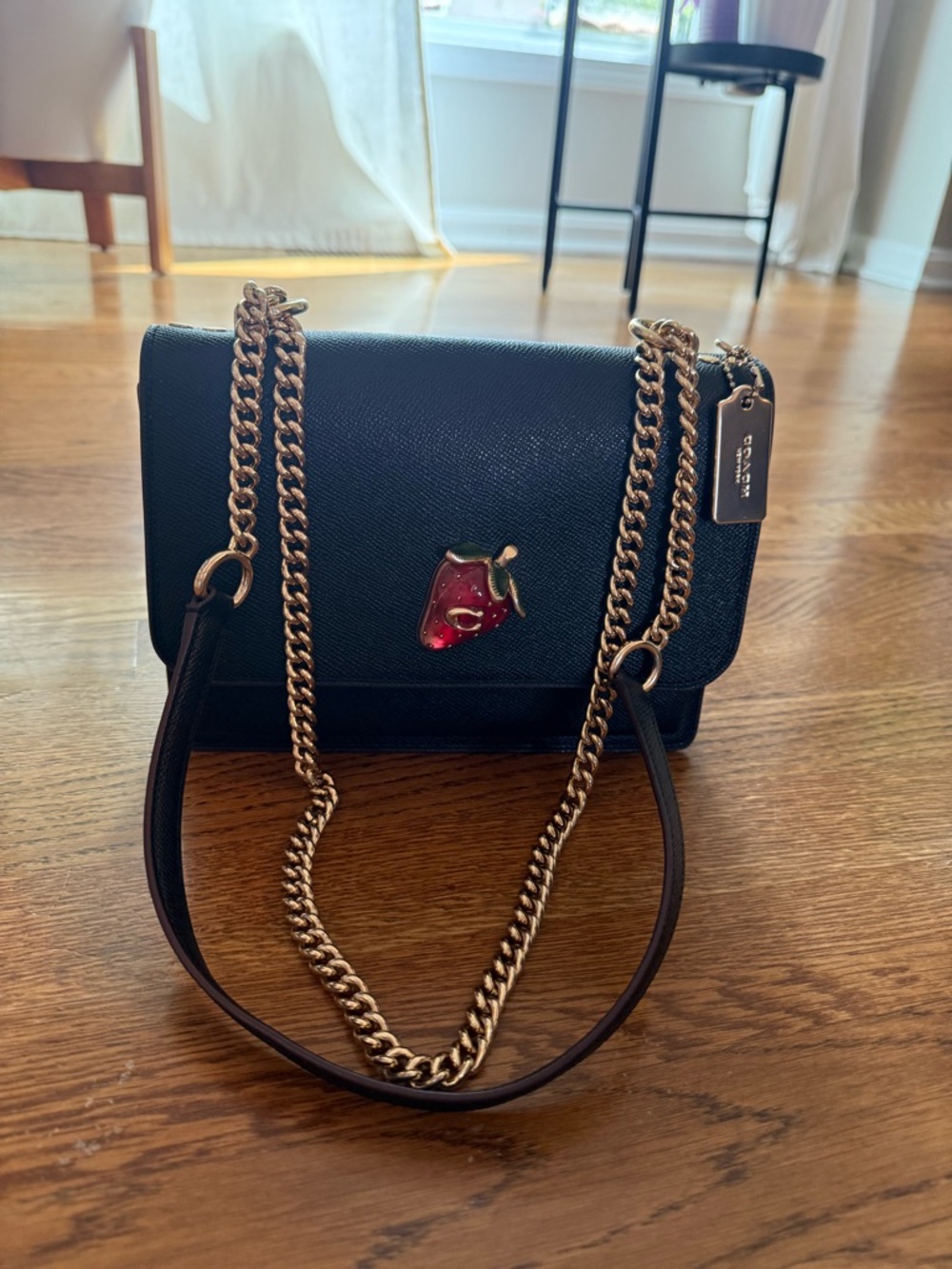 Coach Strawberry Chain Crossbody Clutch Black Leather Gold Chain NWOT - Picture 2 of 6